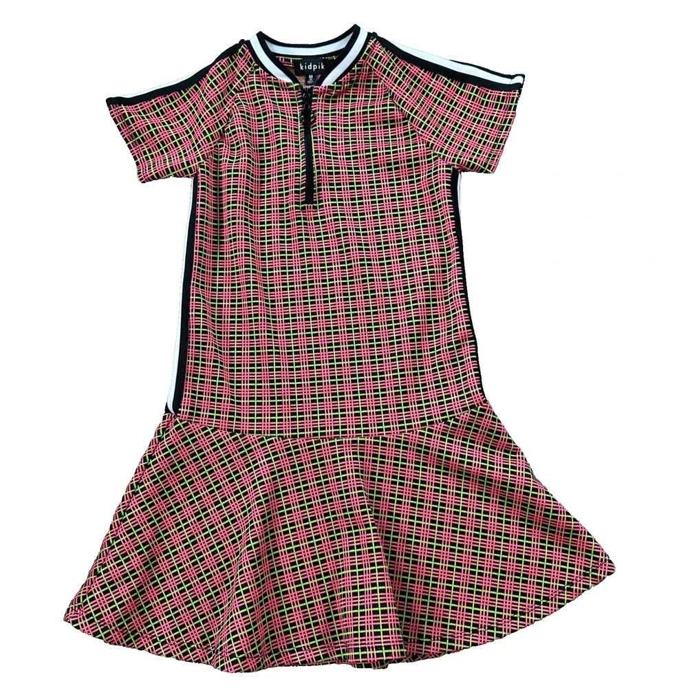 Kidpik Plaid Ruffle Hem Skater Dress Girl Medium 10 Pink Green Neon Short Sleeve